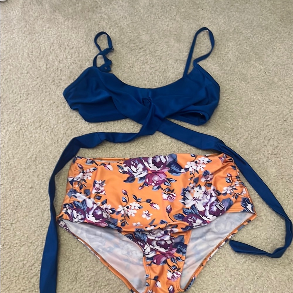 Blue and Floral Bikini Set